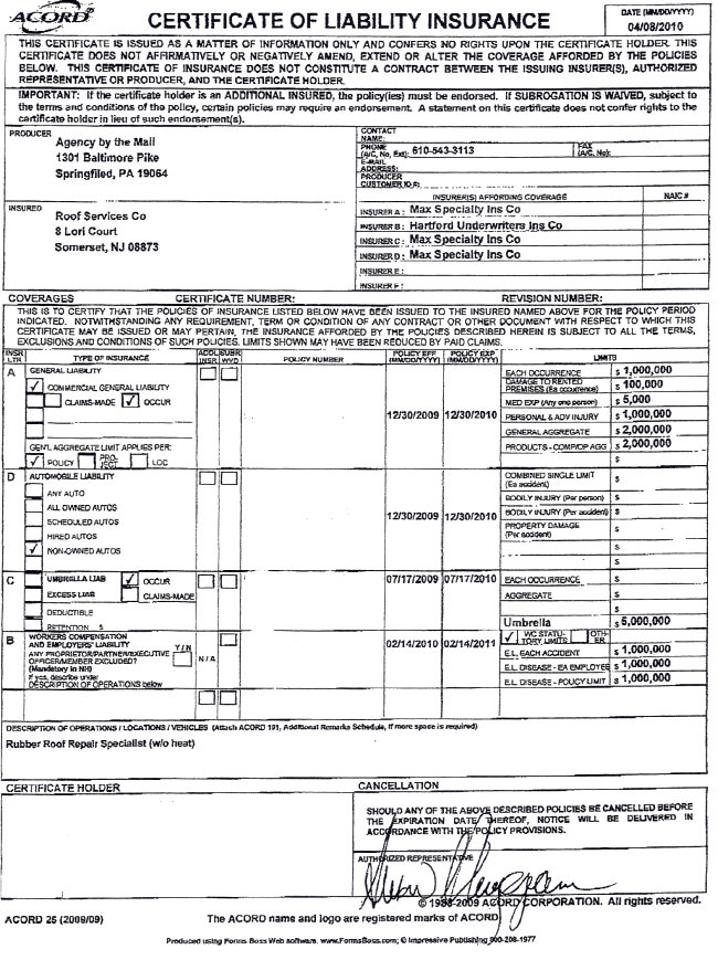 Liability Insurance Certificate