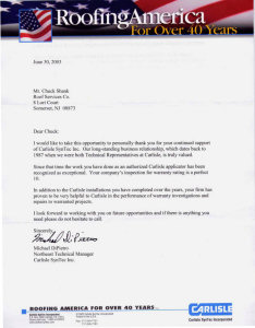 Roof Services Company - Letter of Recommendation